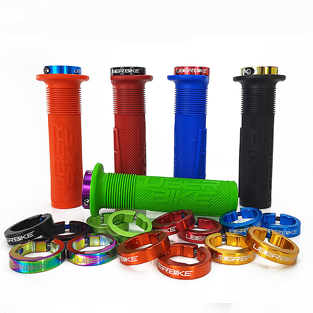 Collection of colourful mushroom waffle bike grips and lockrings on a white background