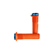 2 orange mushroom mountain bike grips with blue lockrings and uberbike branding on a white background