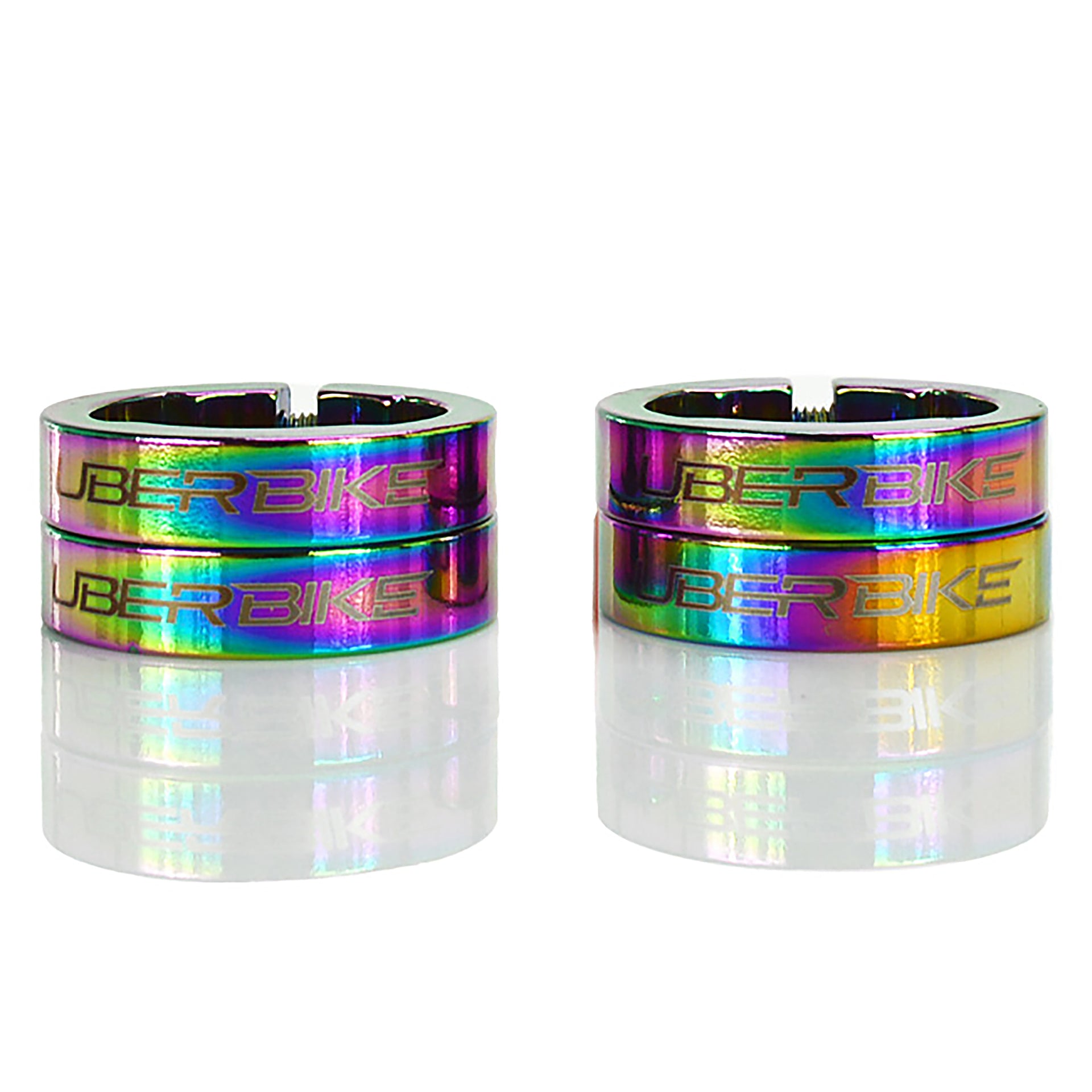 Four oilslick bicycle lock on grip rings with 'Uber Bike' branding on a white background