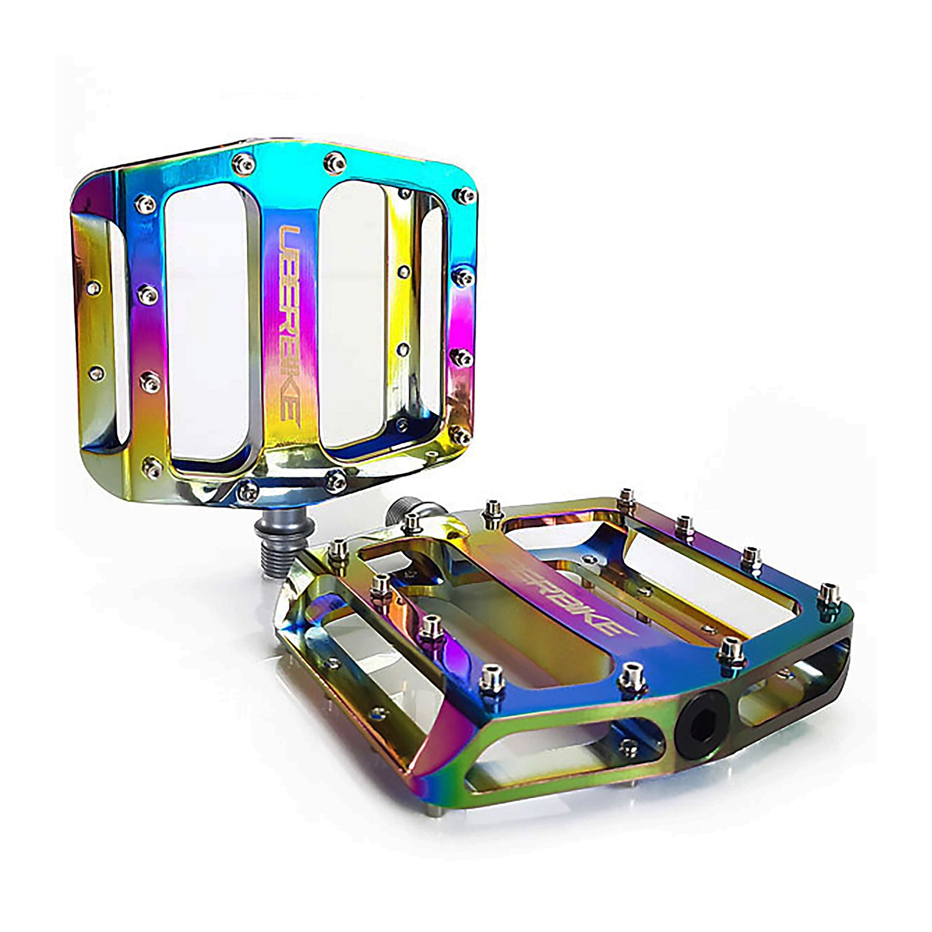 oil slick flatout mtb pedals with Uberbike branding on a white background
