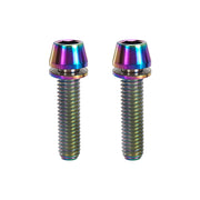 2 oil slick m6x25 taperhead  titanium bolts on a white background