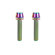 2 oil slick m6x28mm taperhead titanium bolts on a white background