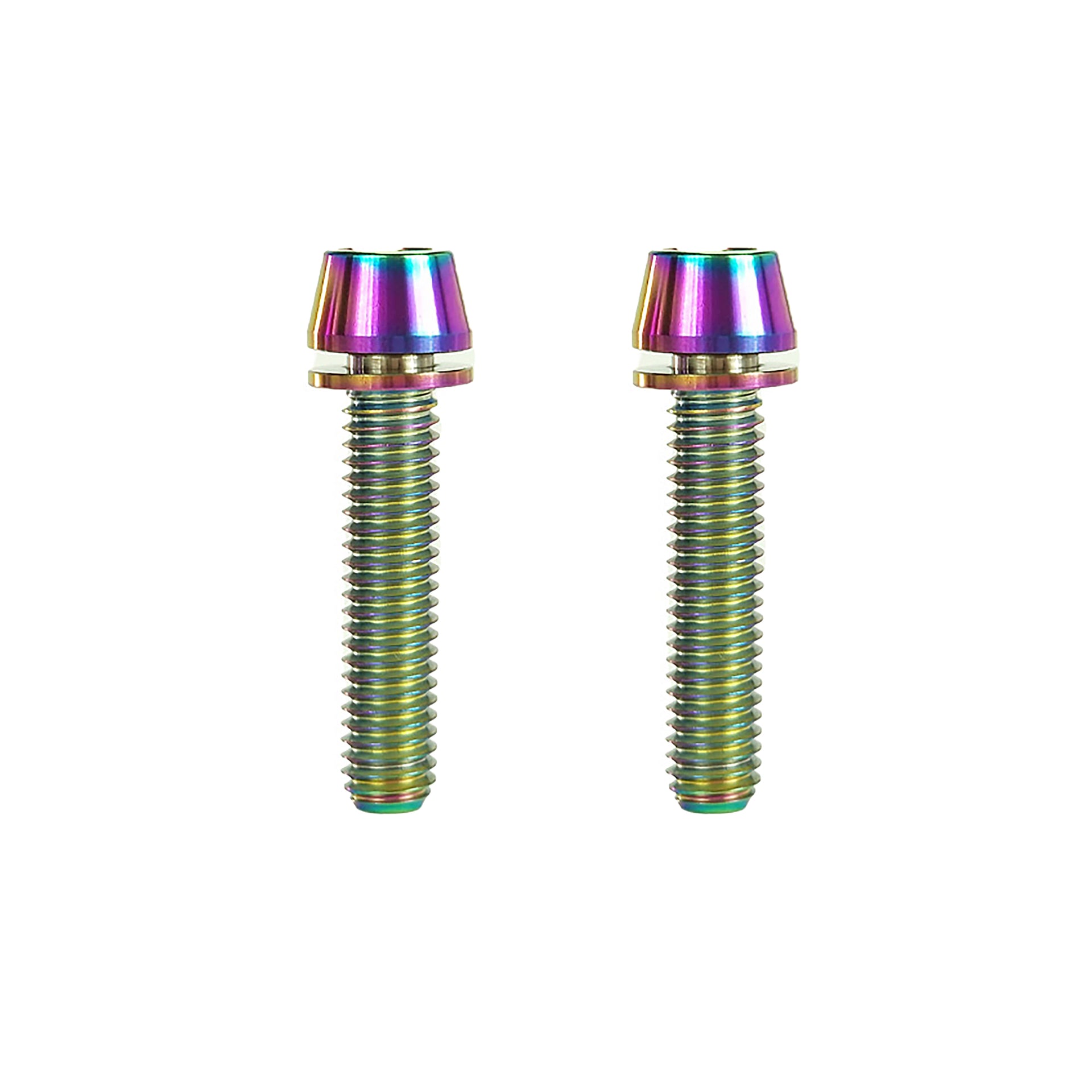 2 oil slick m6x28mm taperhead titanium bolts on a white background
