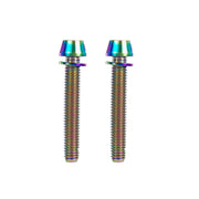 2 oil slick m6x38mm taperhead  titanium bolts on a white background