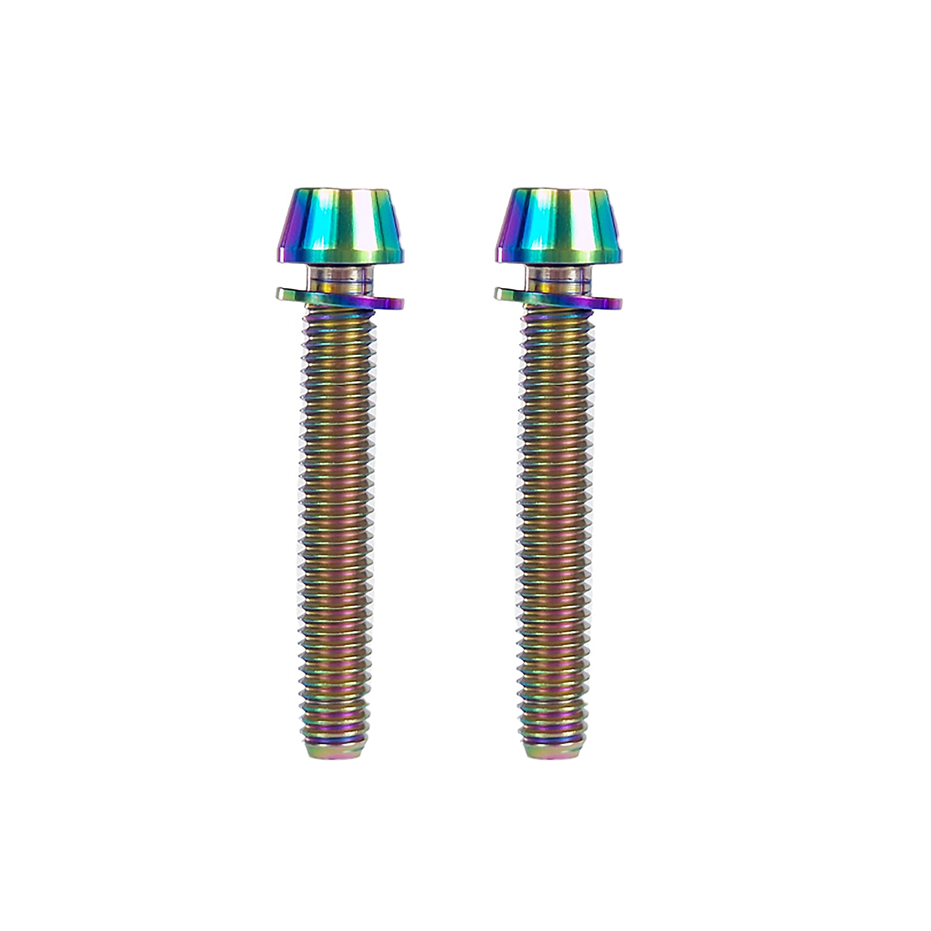 2 oil slick m6x38mm taperhead  titanium bolts on a white background