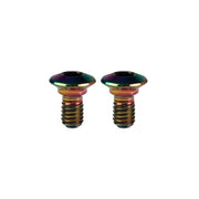 two oil slick coloured shifter bolts on a white background