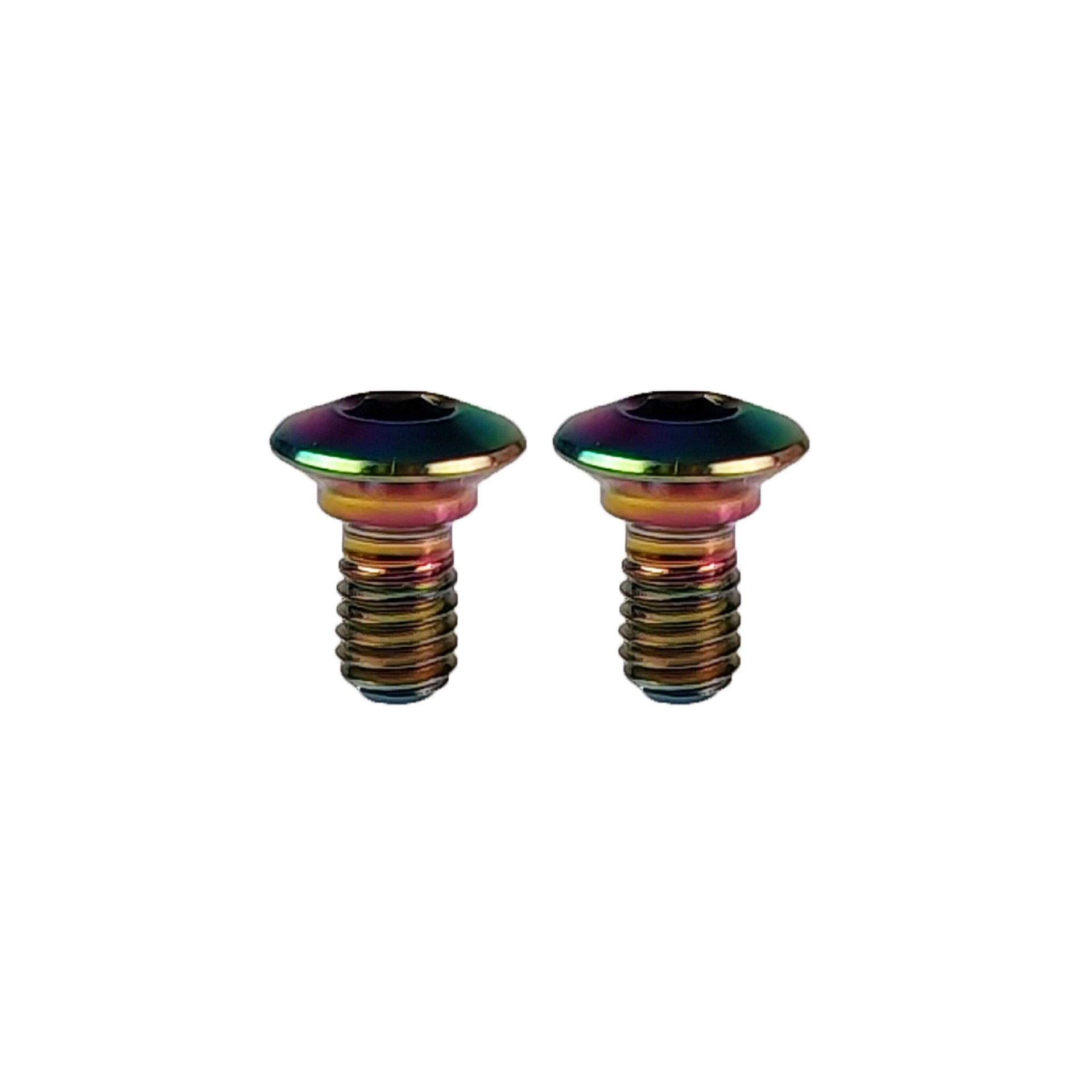 two oil slick coloured shifter bolts on a white background