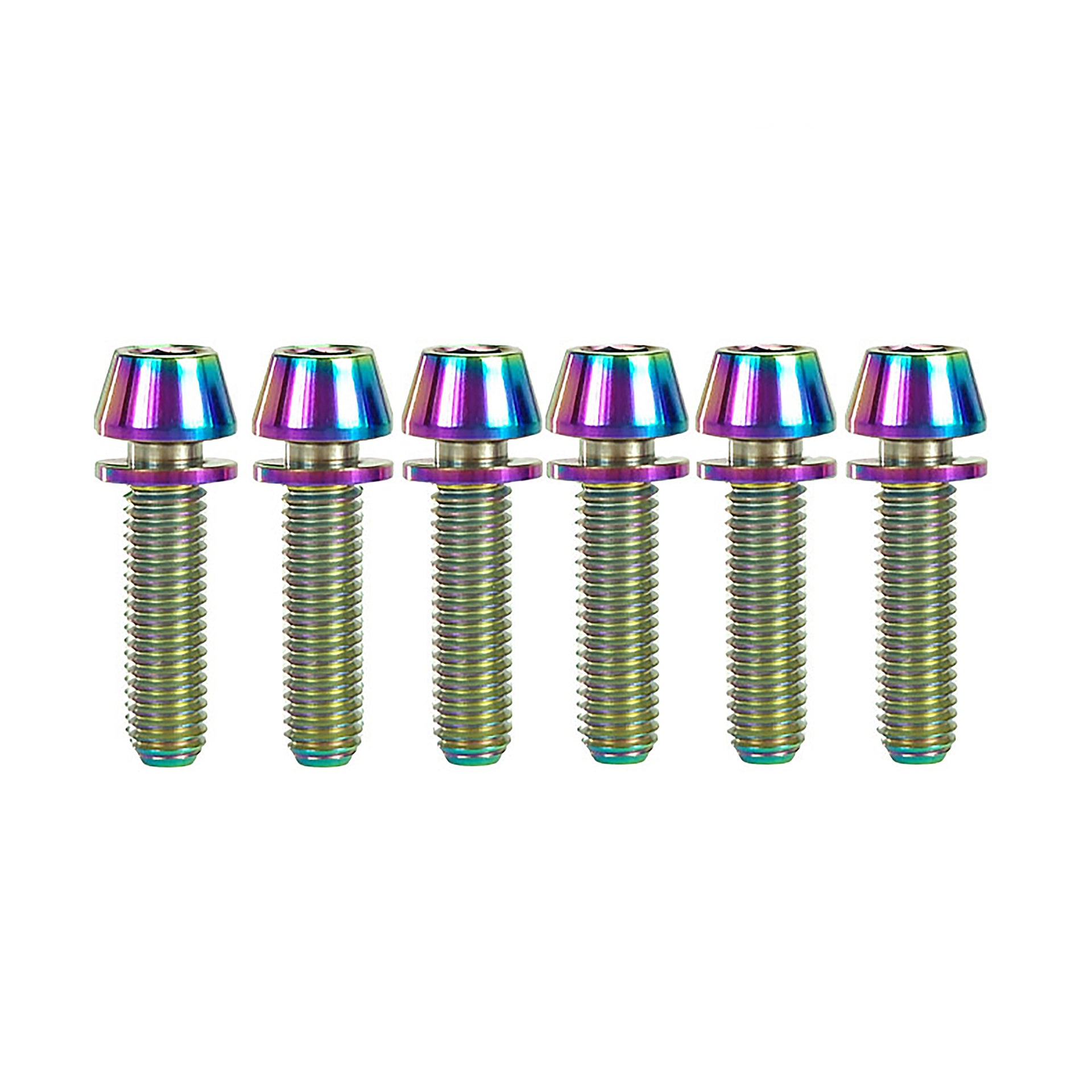 6 oil slick m5x20mm taperhead titanium bolts on a white background