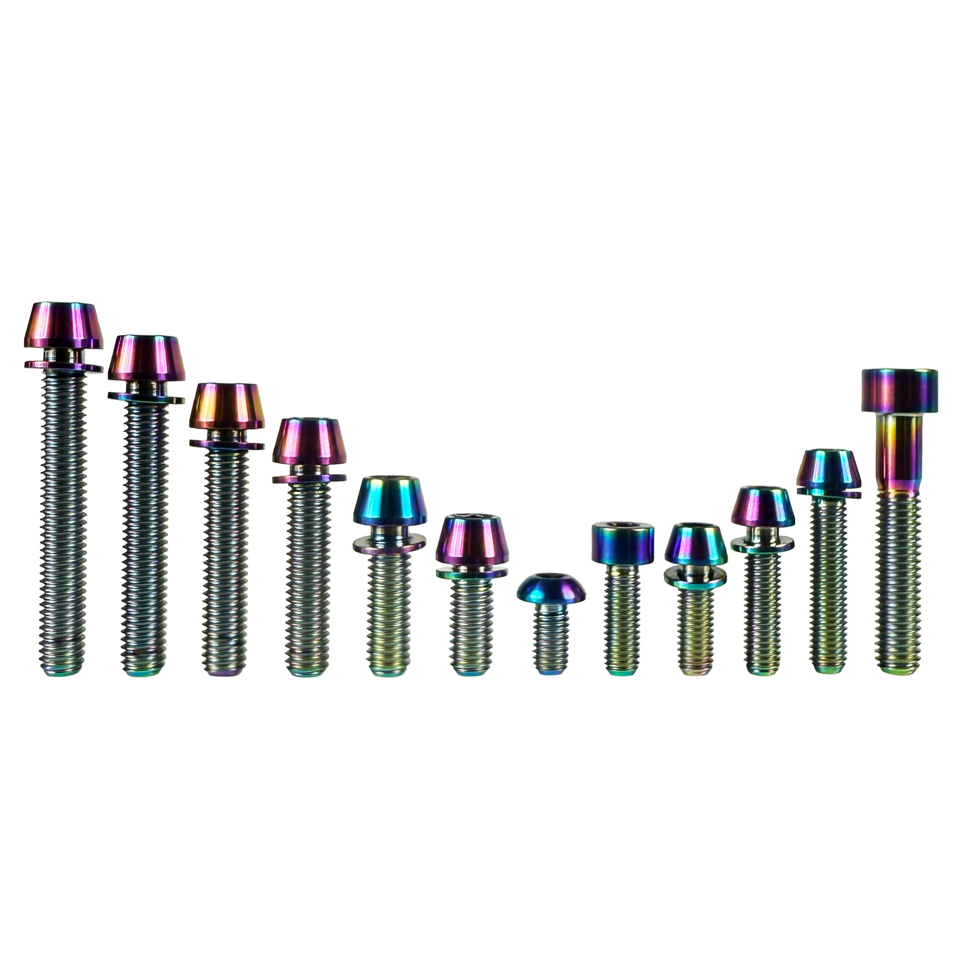 Various sizes of titanium bolts in Oil Slick on a white background