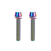 2 oilslick m6x32 taperhead  titanium bolts on a white background