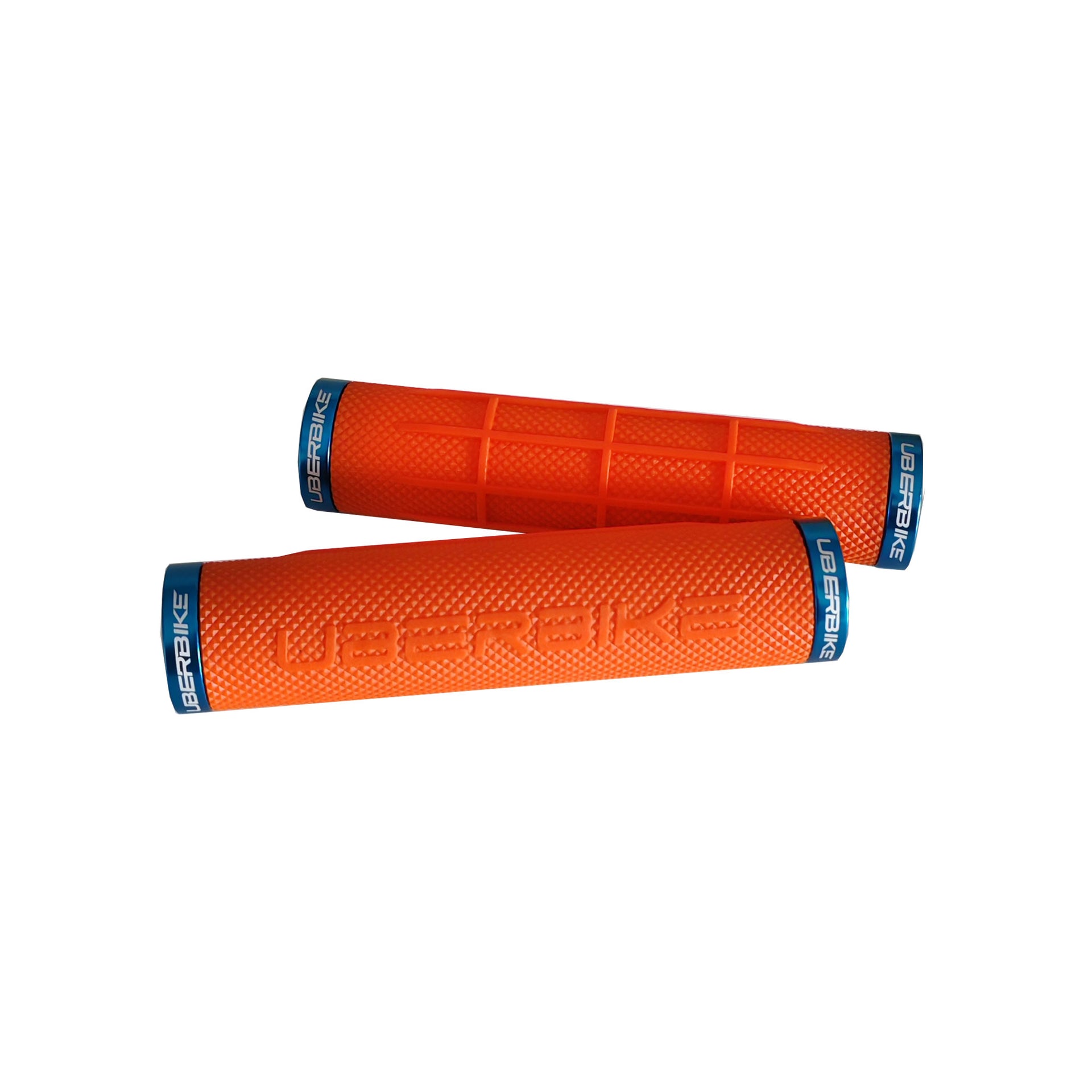 2 orange fat grip mountain bike grips with blue lockrings and uberbike branding on a white background