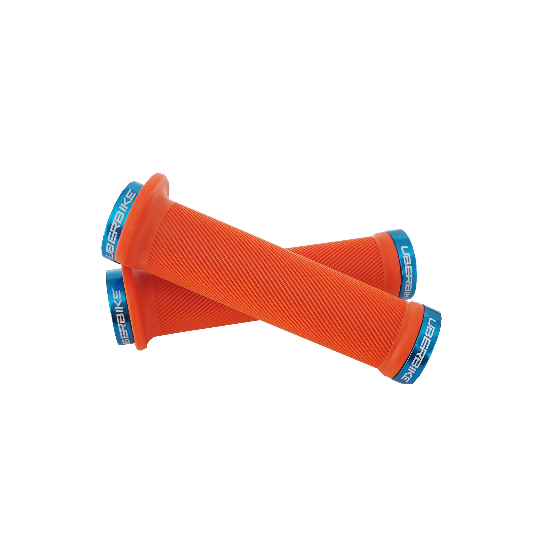 2 orange flange mountain bike grips with blue lockrings and uberbike branding on a white background