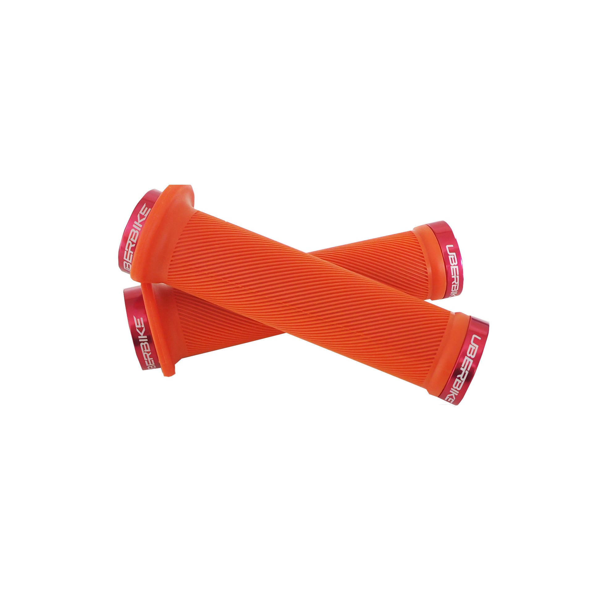2 orange flange mountain bike grips with red lockrings and uberbike branding on a white background