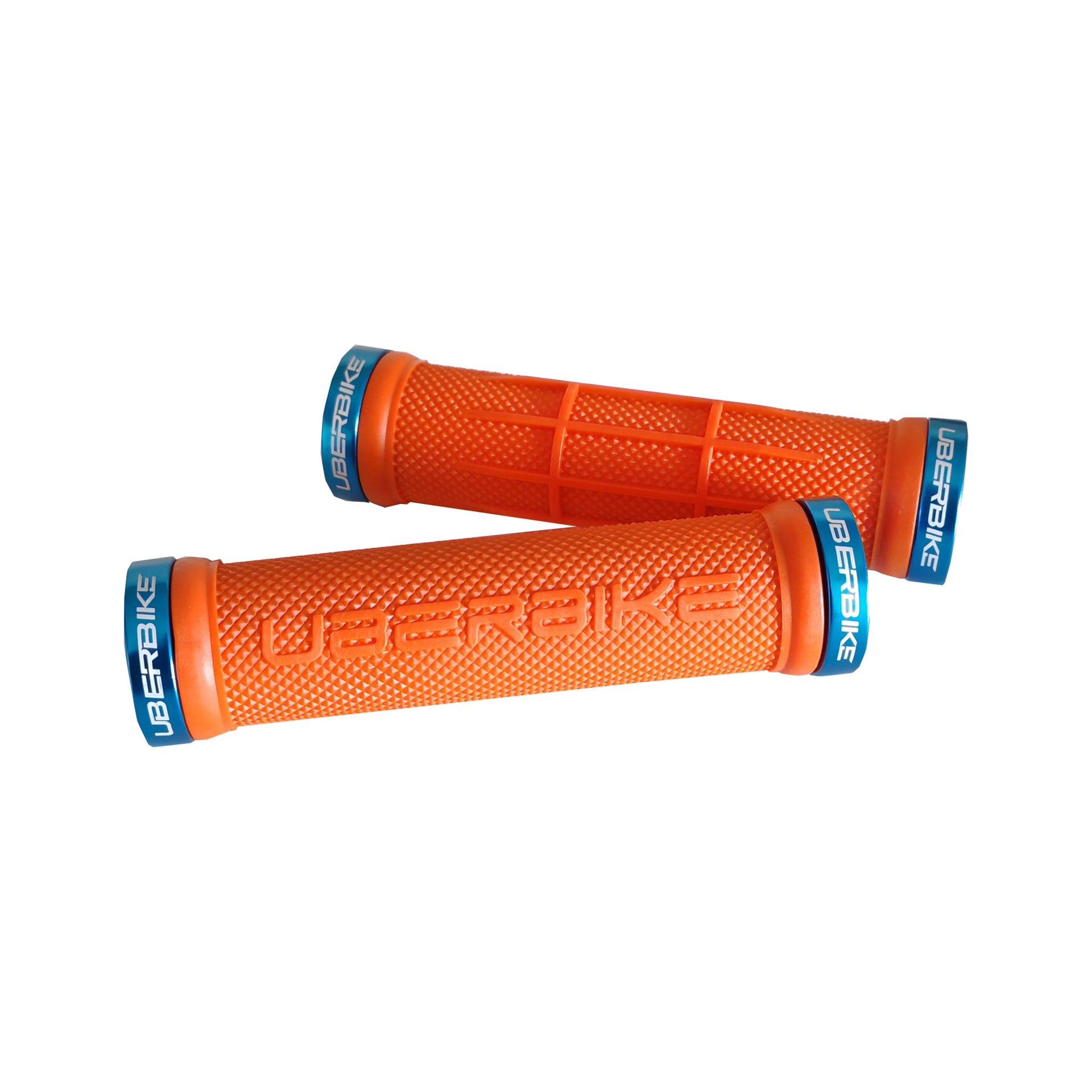 2 orange half waffle mountain bike grips with blue lockrings and uberbike branding on a white background