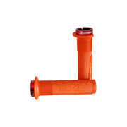 2 orange mushroom mountain bike grips with red lockrings and uberbike branding on a white background