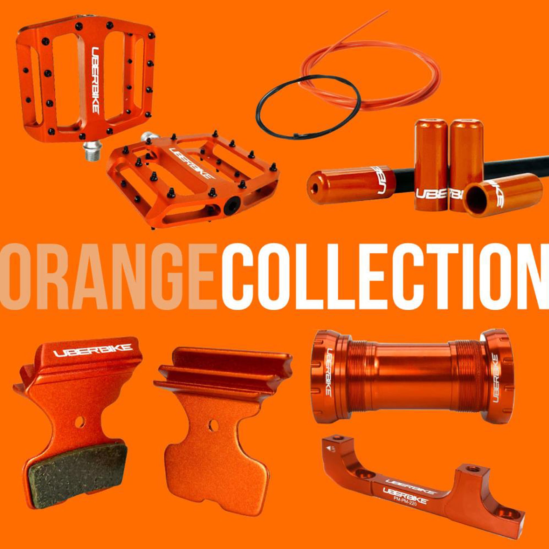 Orange bike components with 'Orange Collection' text on an orange background