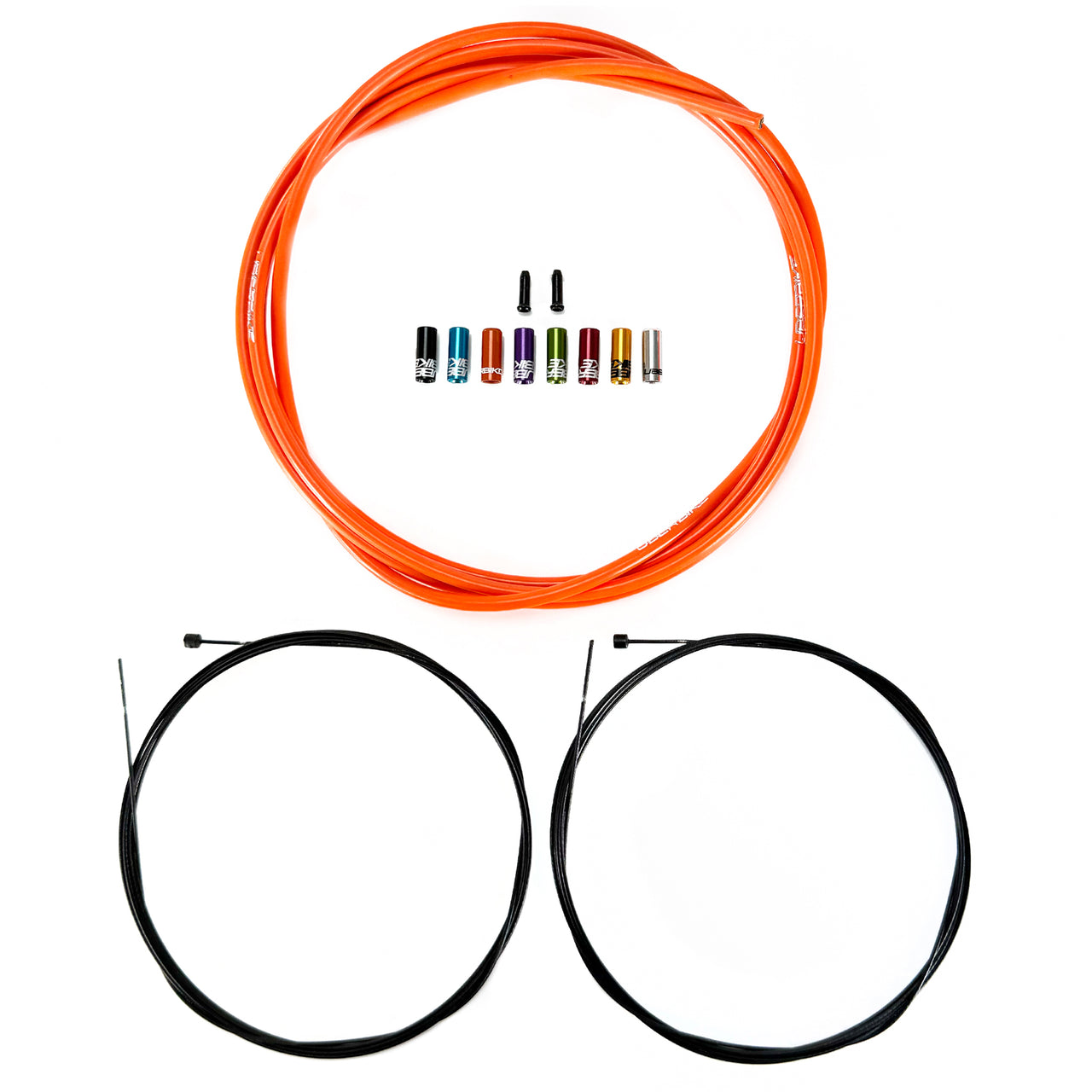 orange road gear cable with 8 different coloured sealed ferrules, two gear inner wires and 2 end caps on a white background