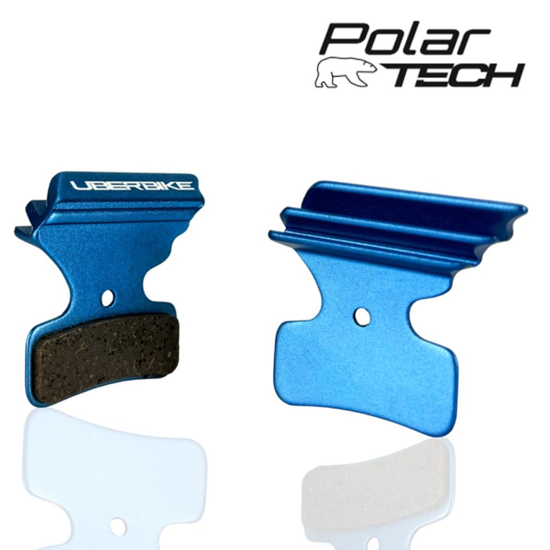 Blue Uberbike brake pads on a white background, featuring Polar Tech branding.