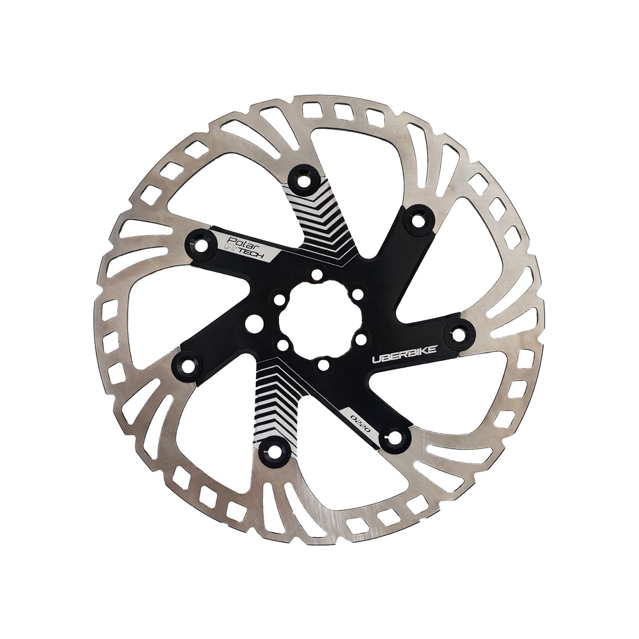 Bicycle disc brake rotor withUber components branding on a white background