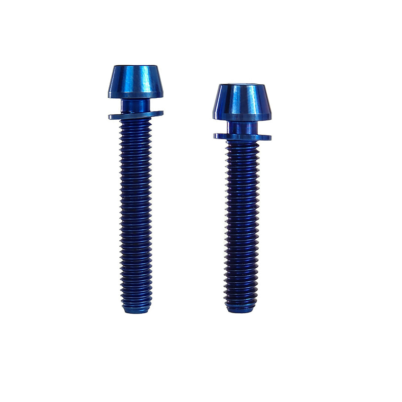 2 blue post mount adapter taperhead titanium bolts on a white background