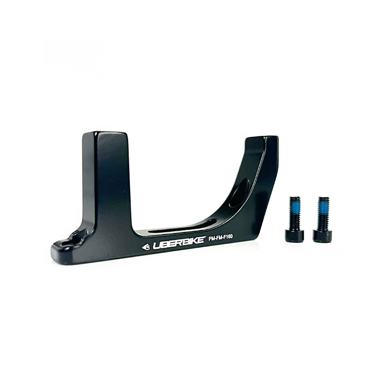 a black post mount flatmount 160 front disc mount adapter with Uberbike branding on a white background