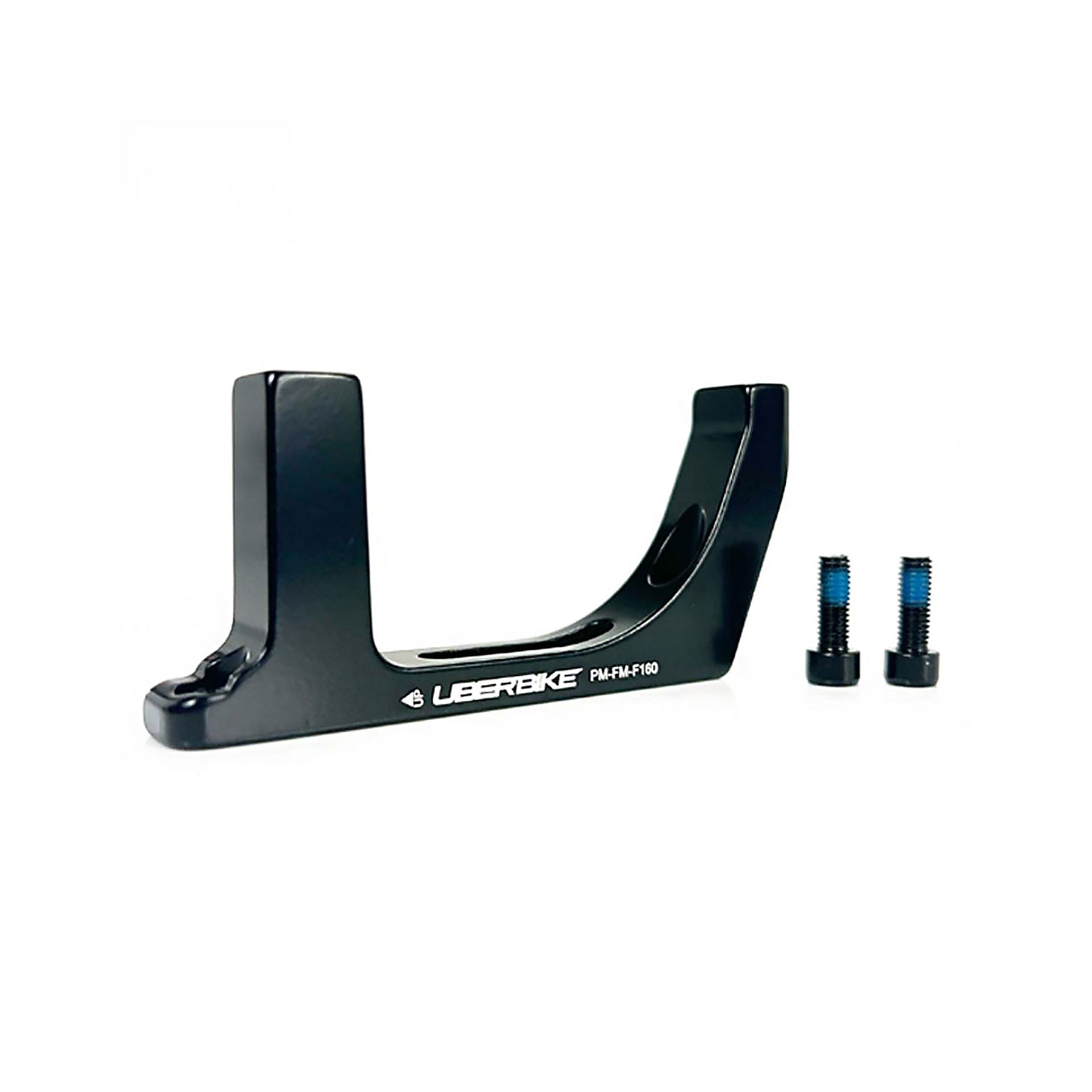 a black post mount flatmount 160 front disc mount adapter with Uberbike branding on a white background
