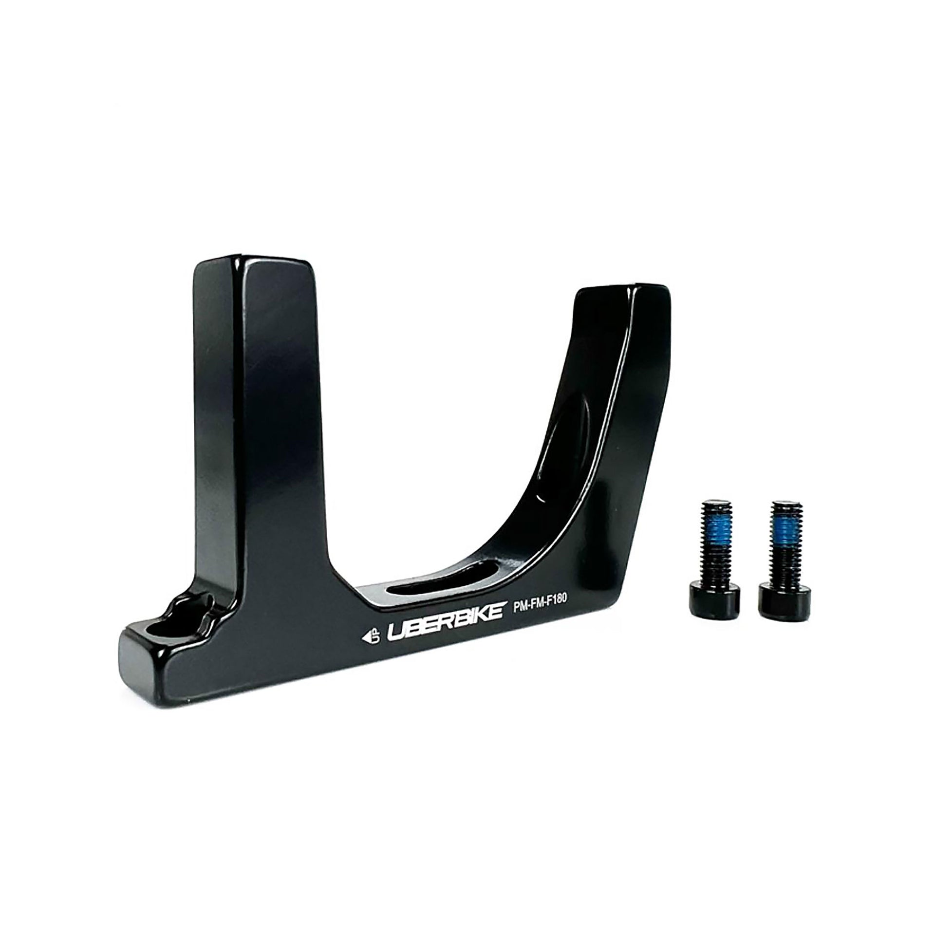 a black post mount flatmount 180 front disc mount adapter with Uberbike branding on a white background