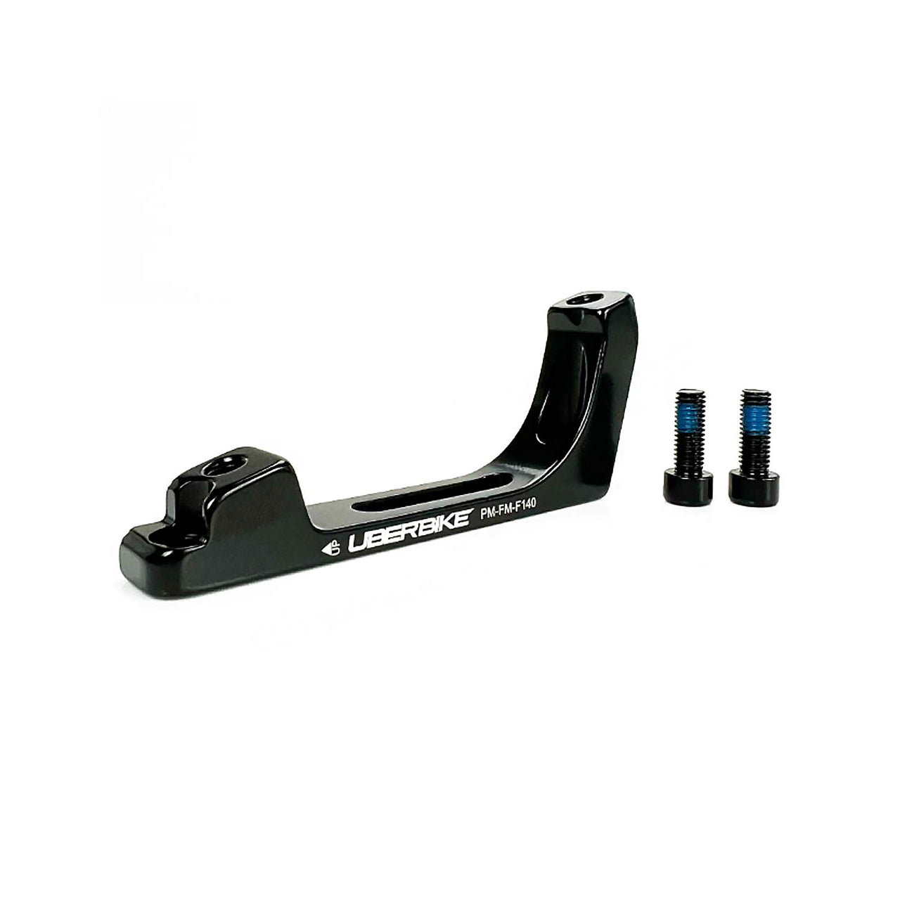 a black post mount flatmount 140 front disc mount adapter with Uberbike branding on a white background
