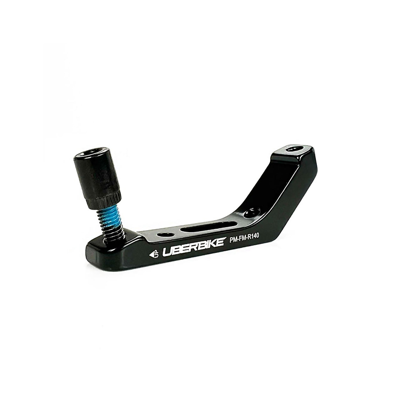 a black post mount flatmount 140 rear disc mount adapter with Uberbike branding on a white background
