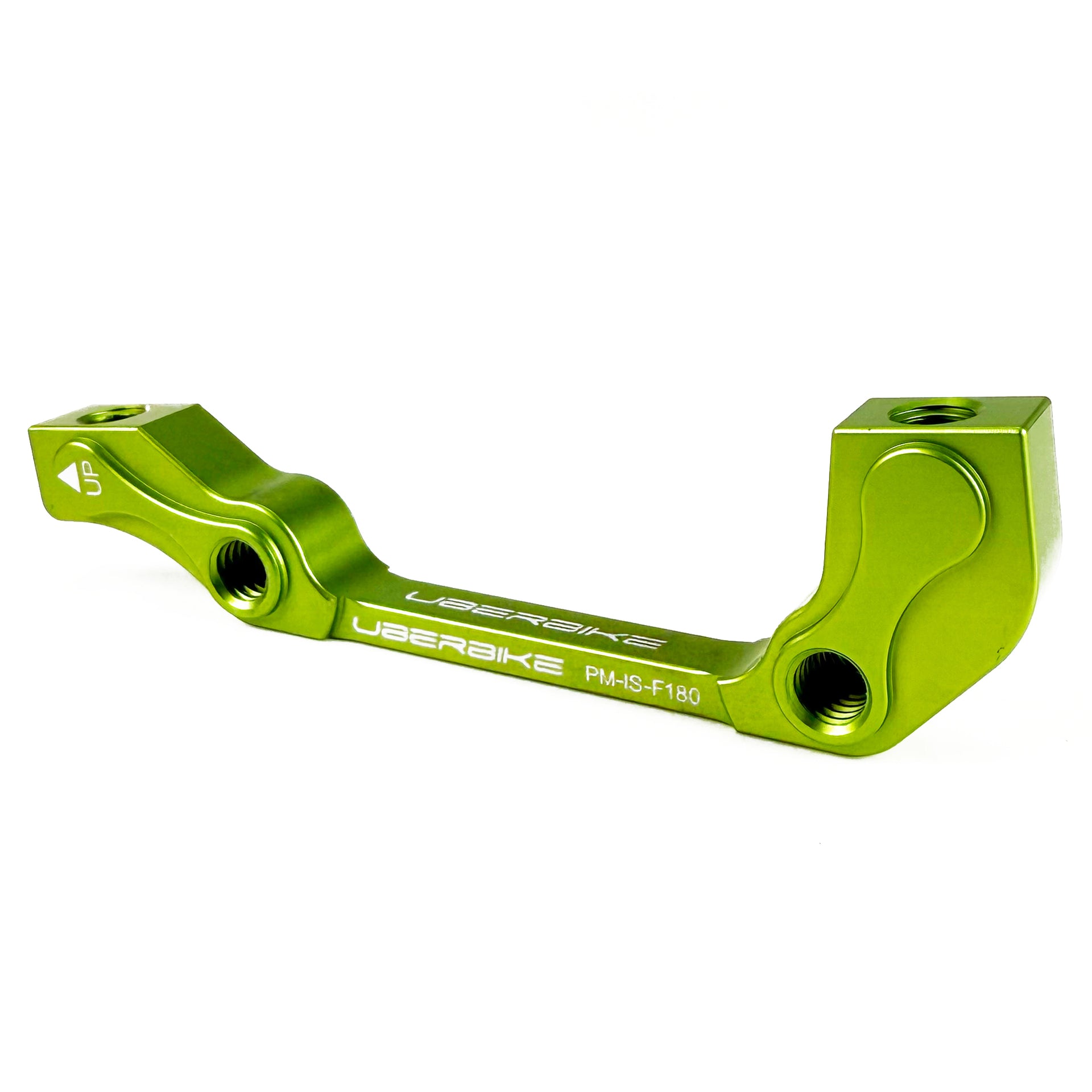 Post mount to international standard adapter in green for a front 180 rotor on a white background