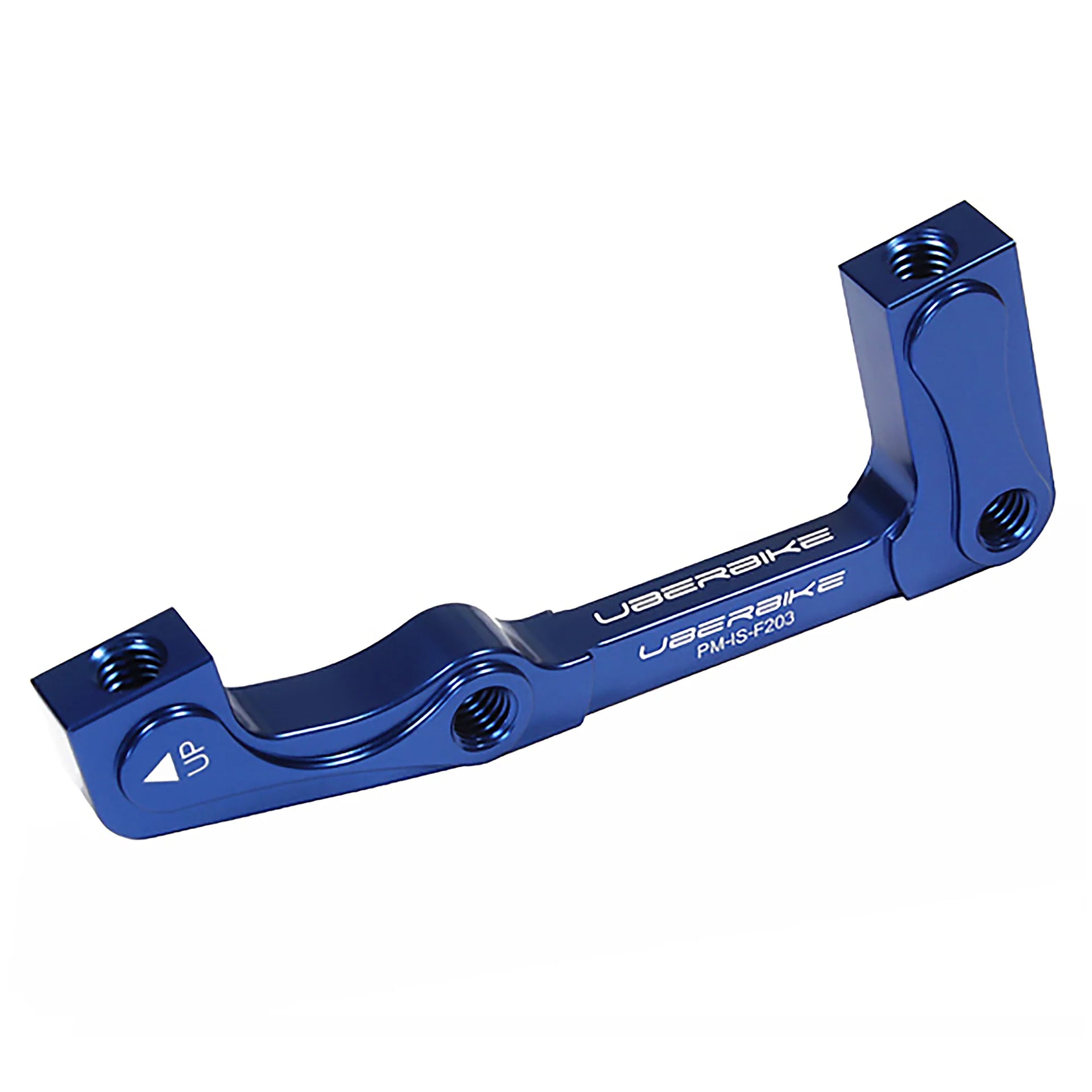 a post mount to international standard front 203mm brake mount in blue on a white background