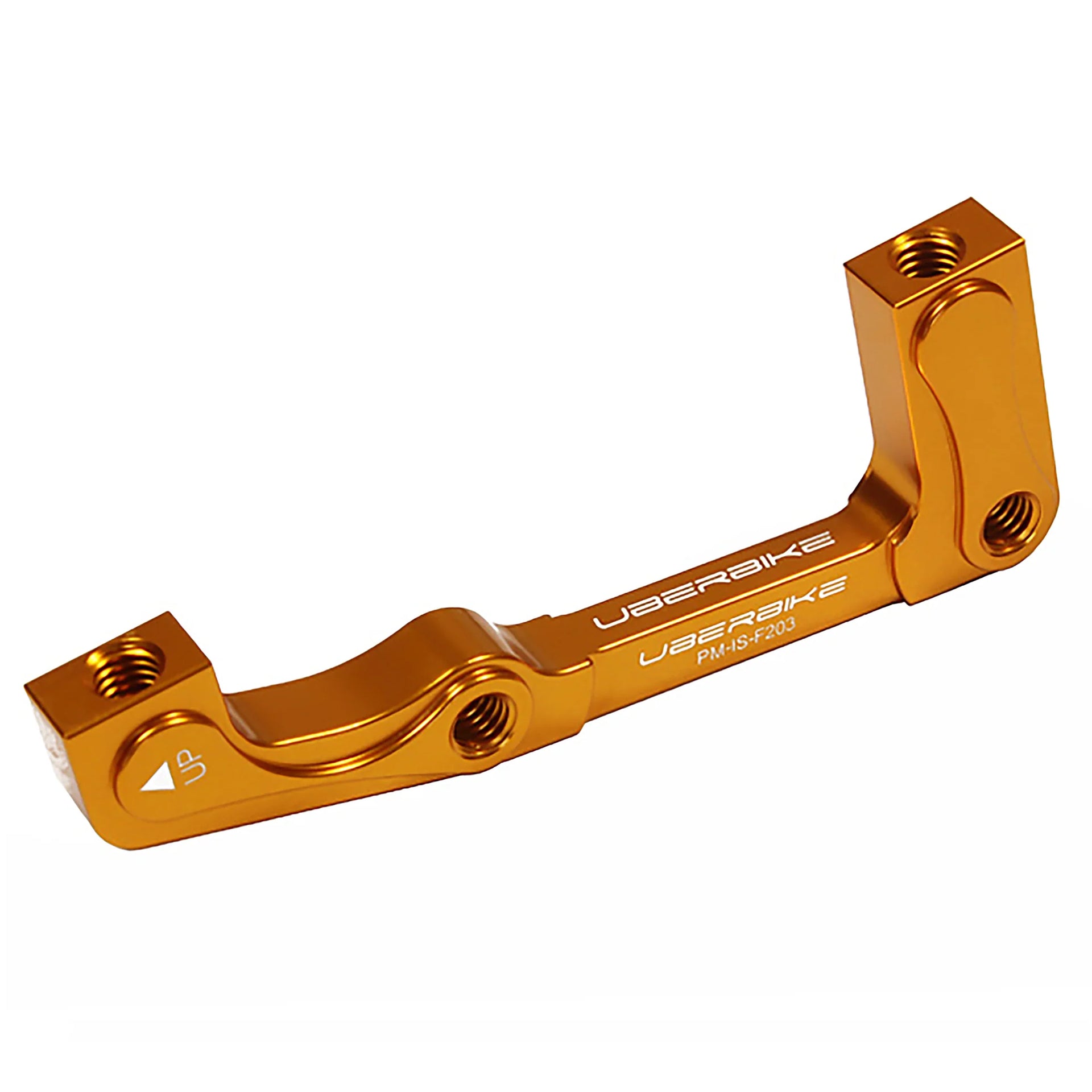 a post mount to international standard front 203mm brake mount in gold on a white background