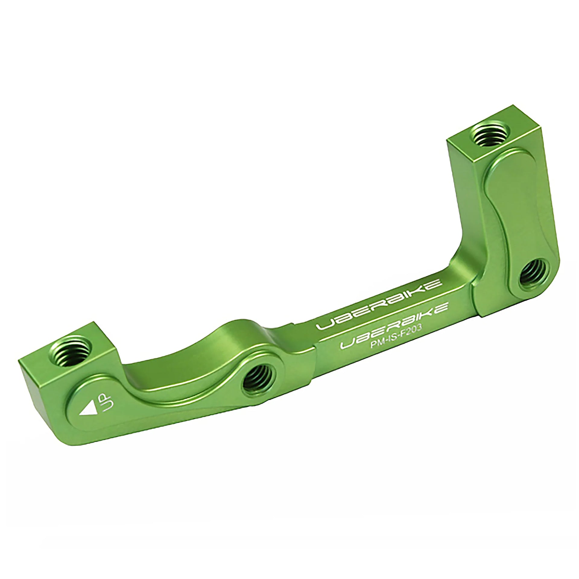 a post mount to international standard front 203mm brake mount in green on a white background