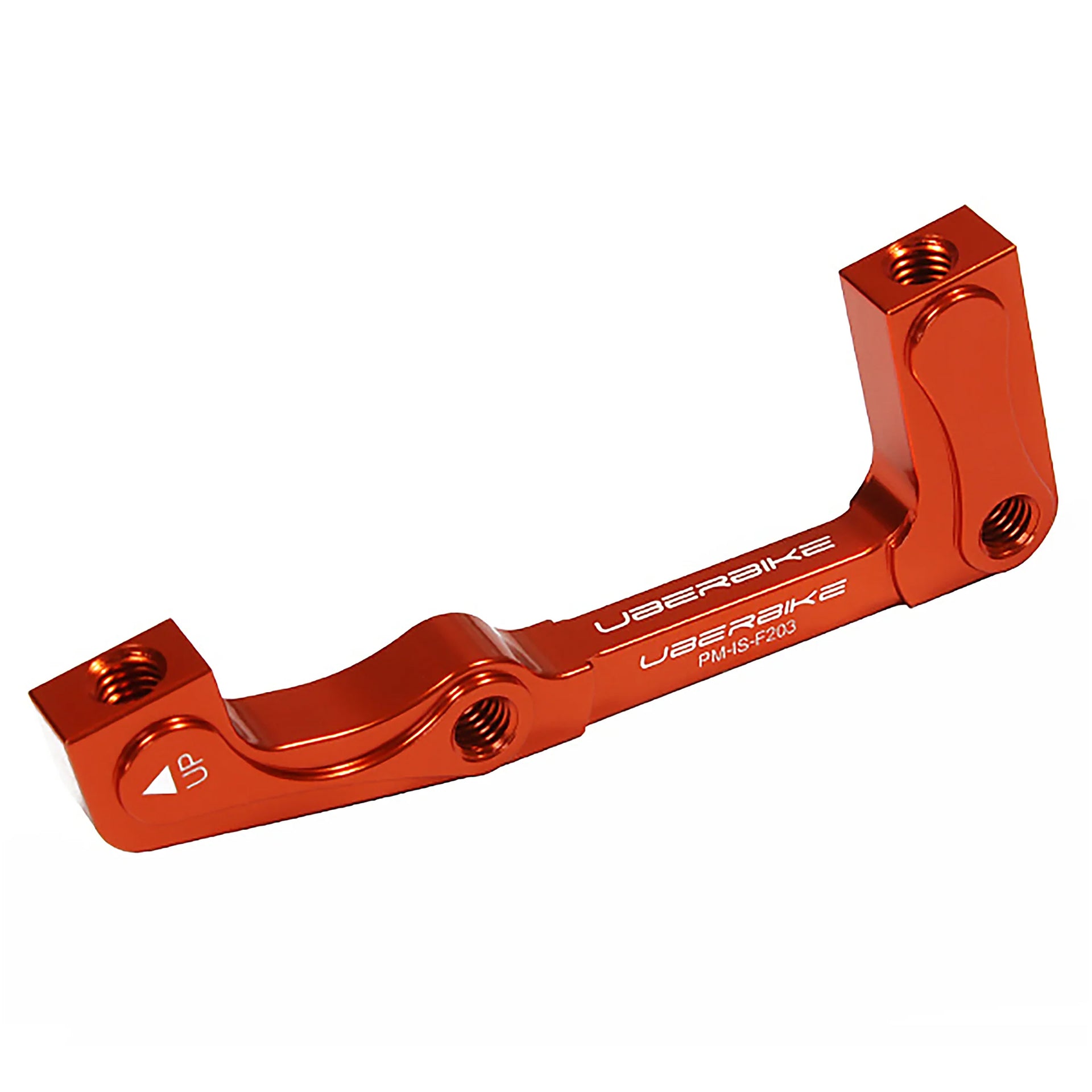 a post mount to international standard front 203mm brake mount in orange on a white background
