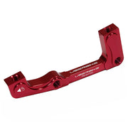 a post mount to international standard front 203mm brake mount in red on a white background