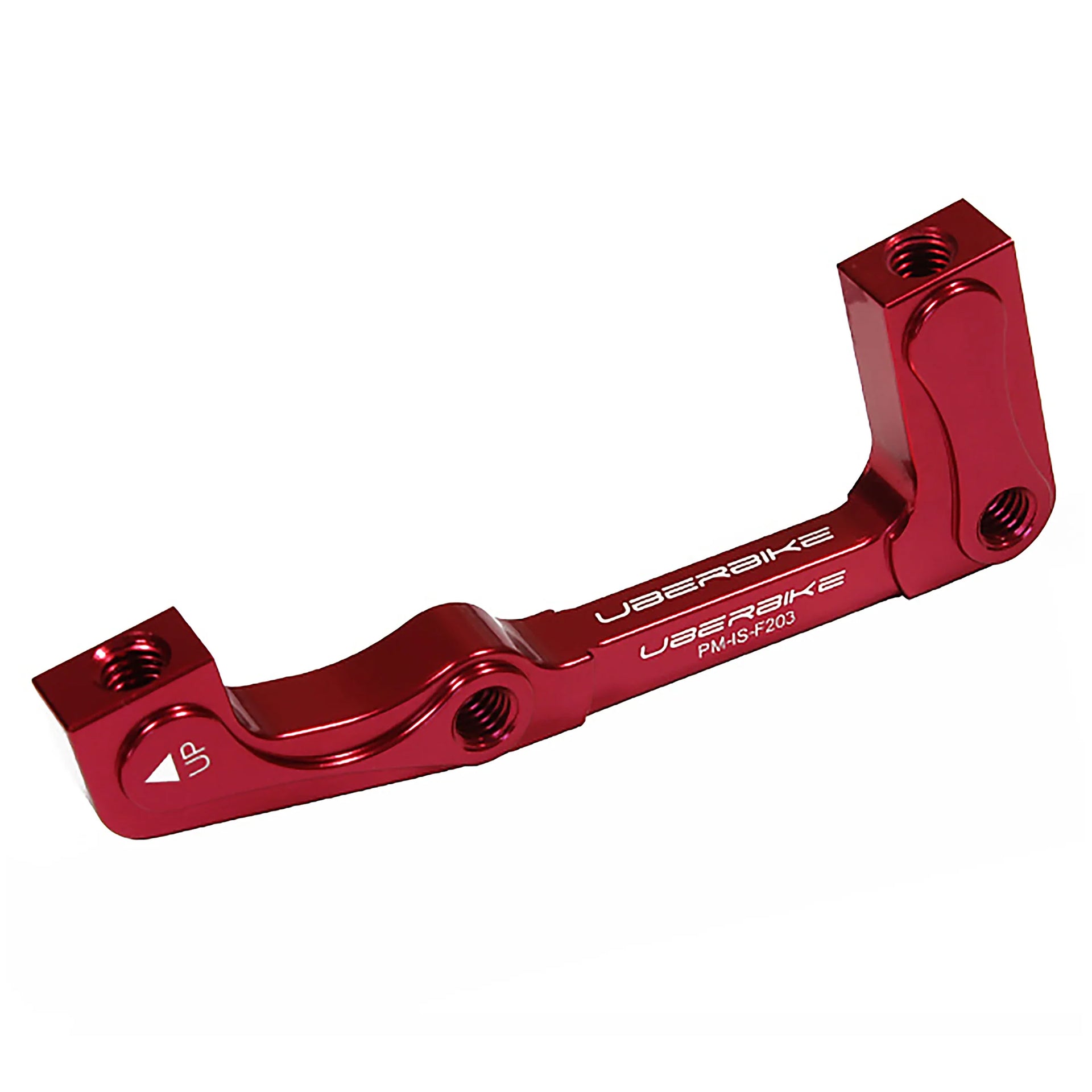 a post mount to international standard front 203mm brake mount in red on a white background