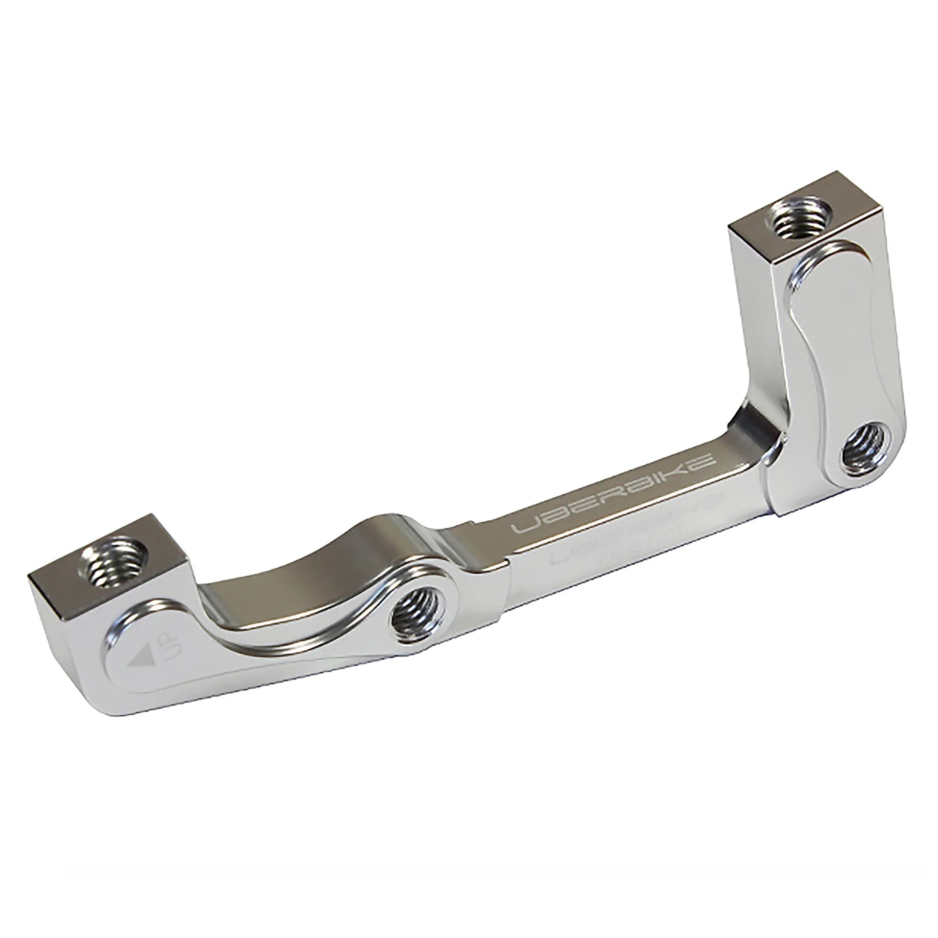 a post mount to international standard front 203mm brake mount in silver on a white background