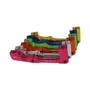 6 different coloured post mount to international standard front 203mm brake mount adapters on a white background