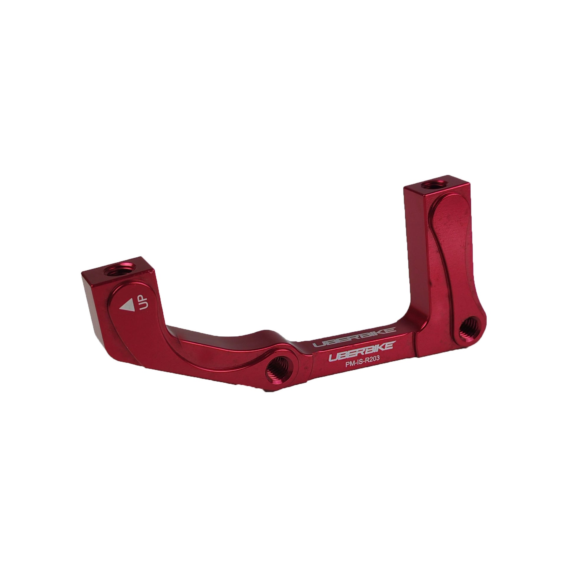 Red post mount to international standard 203mm rear disc brake adapter on a white background