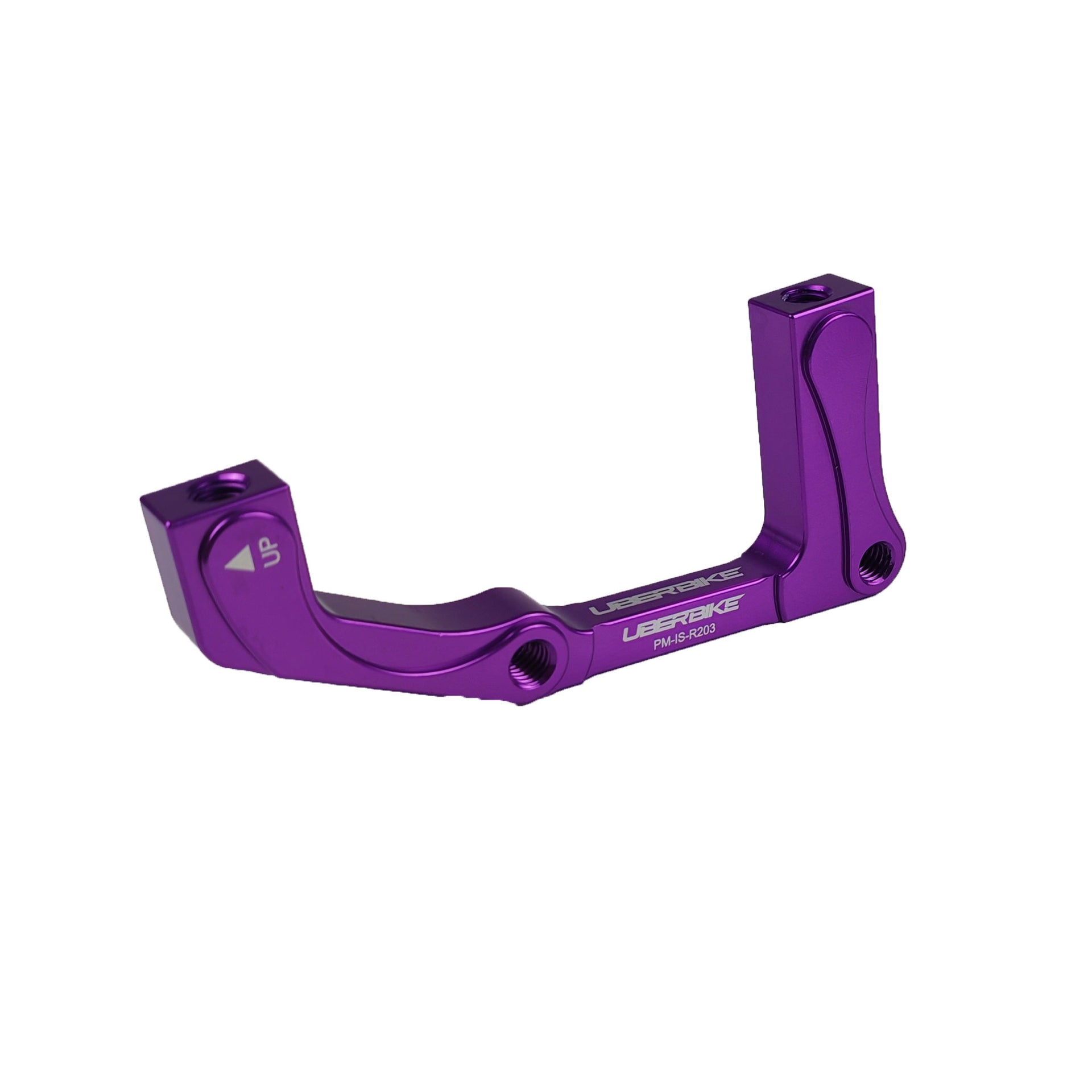 Post mount to international standard disc brake adapter in purple with Uberbike branding on a white background