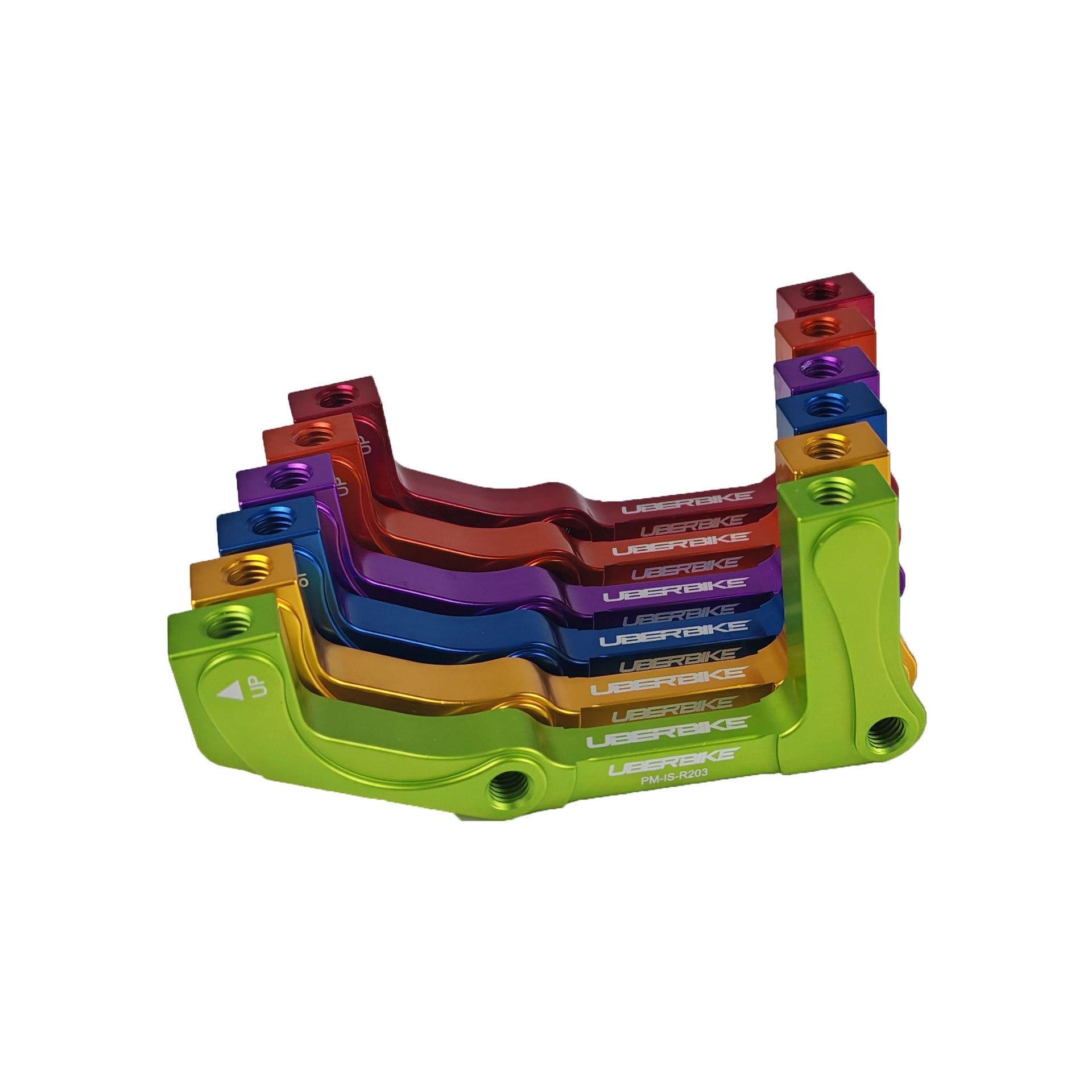 Set of colourful post mount international standard rear 203mm stacked on a white background