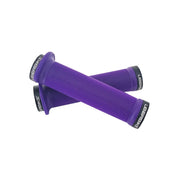 2 purple flange mountain bike grips with black lockrings and uberbike branding on a white background
