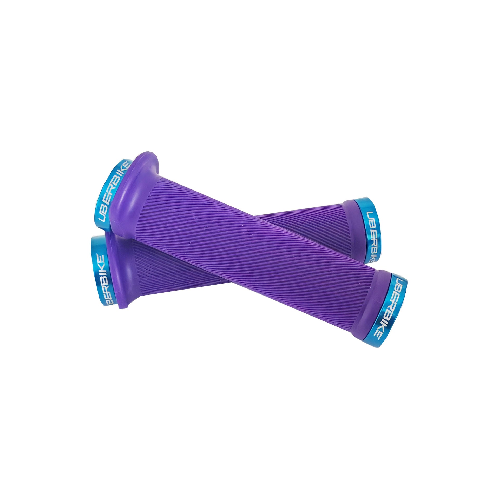 2 purple flange mountain bike grips with blue lockrings and uberbike branding on a white background
