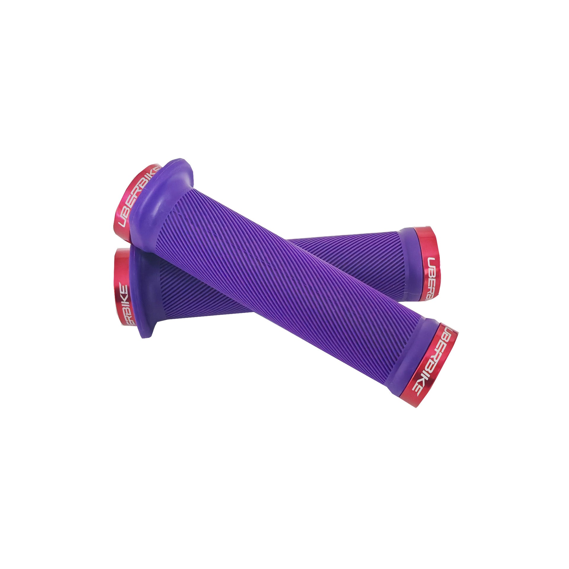 2 purple flange mountain bike grips with red lockrings and uberbike branding on a white background