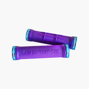 2 purple half waffle mountain bike grips with blue lockrings and uberbike branding on a white background