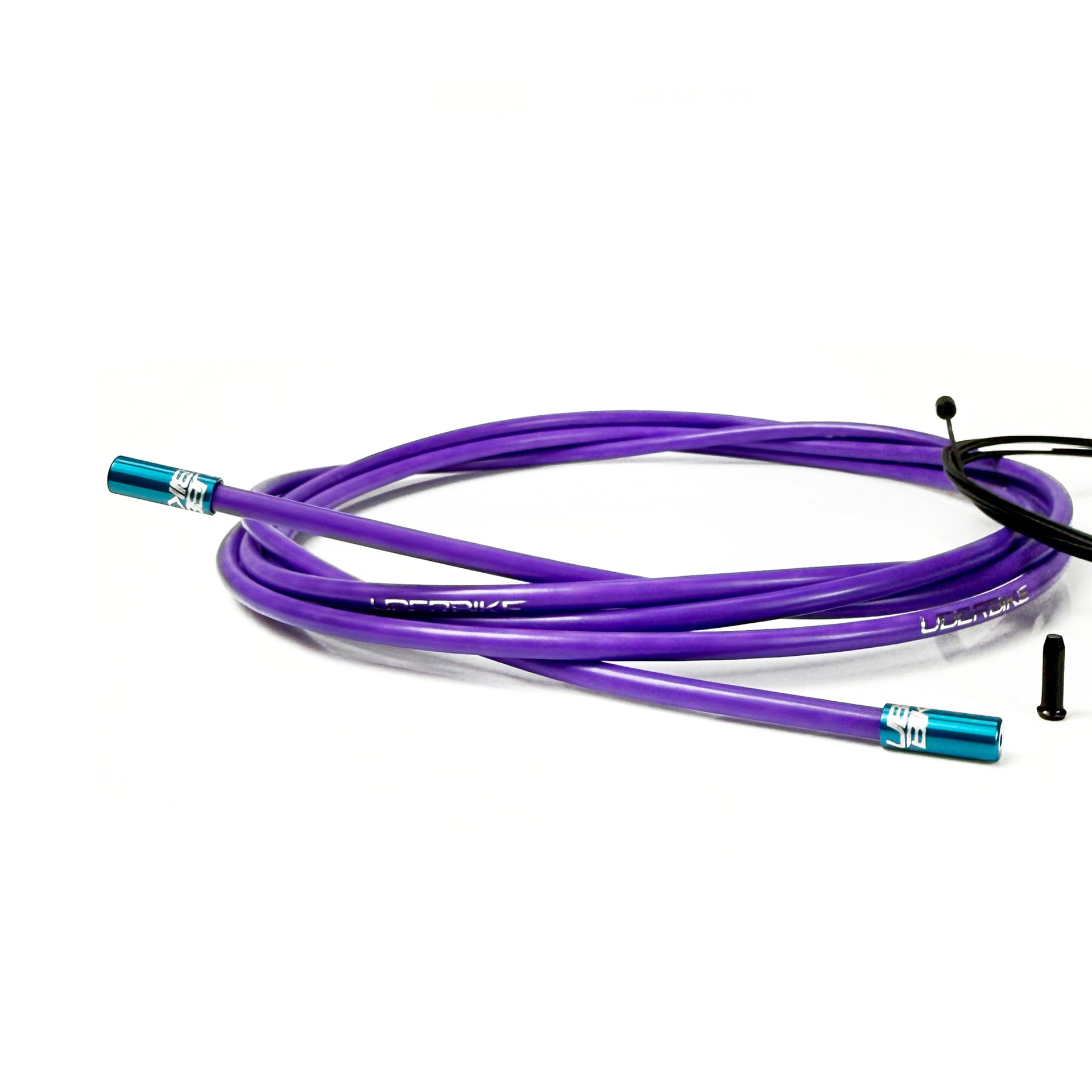 purple road gear cable with blue sealed ferrules on a white background