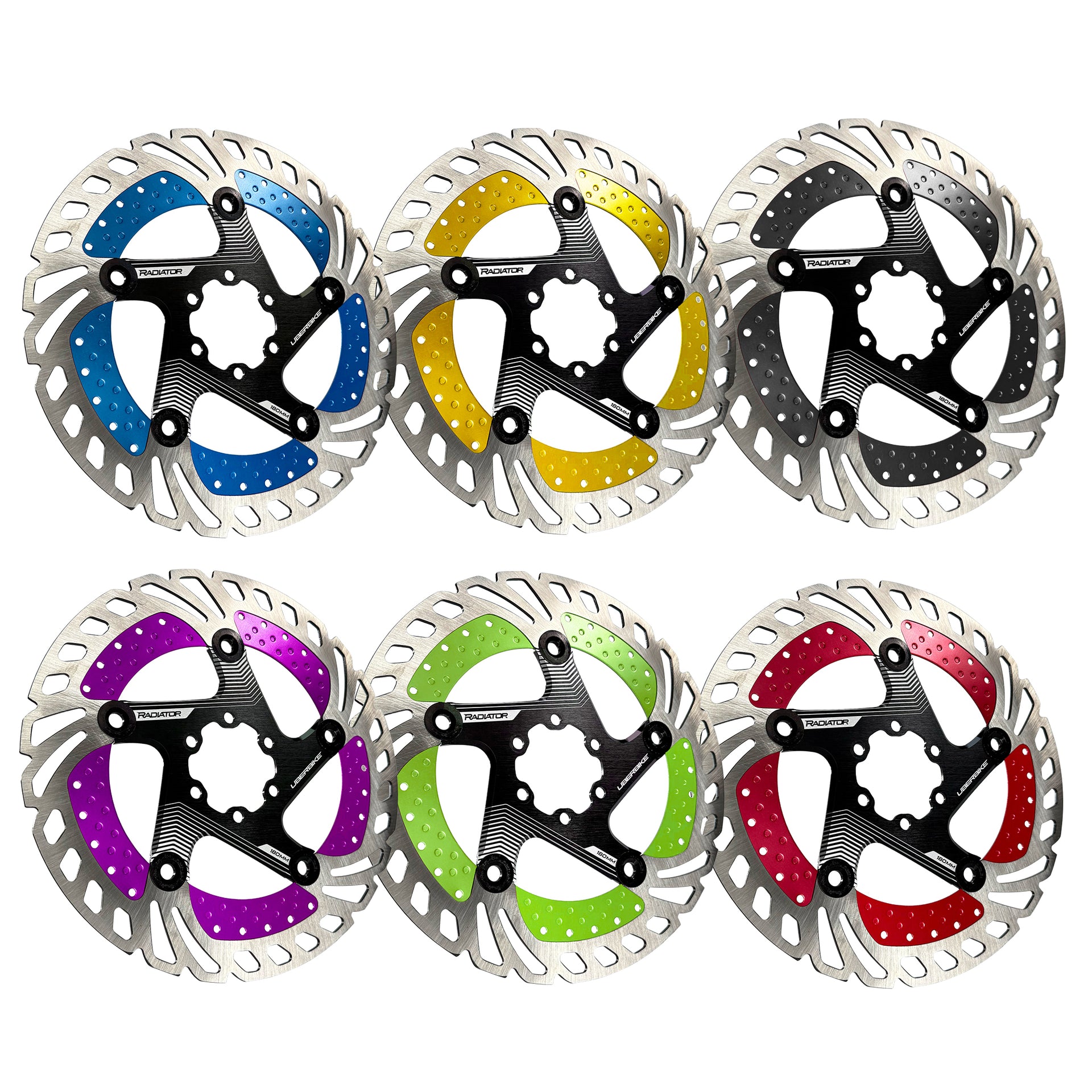 Six bicycle disc brake rotors with colorful rim bands on a white background
