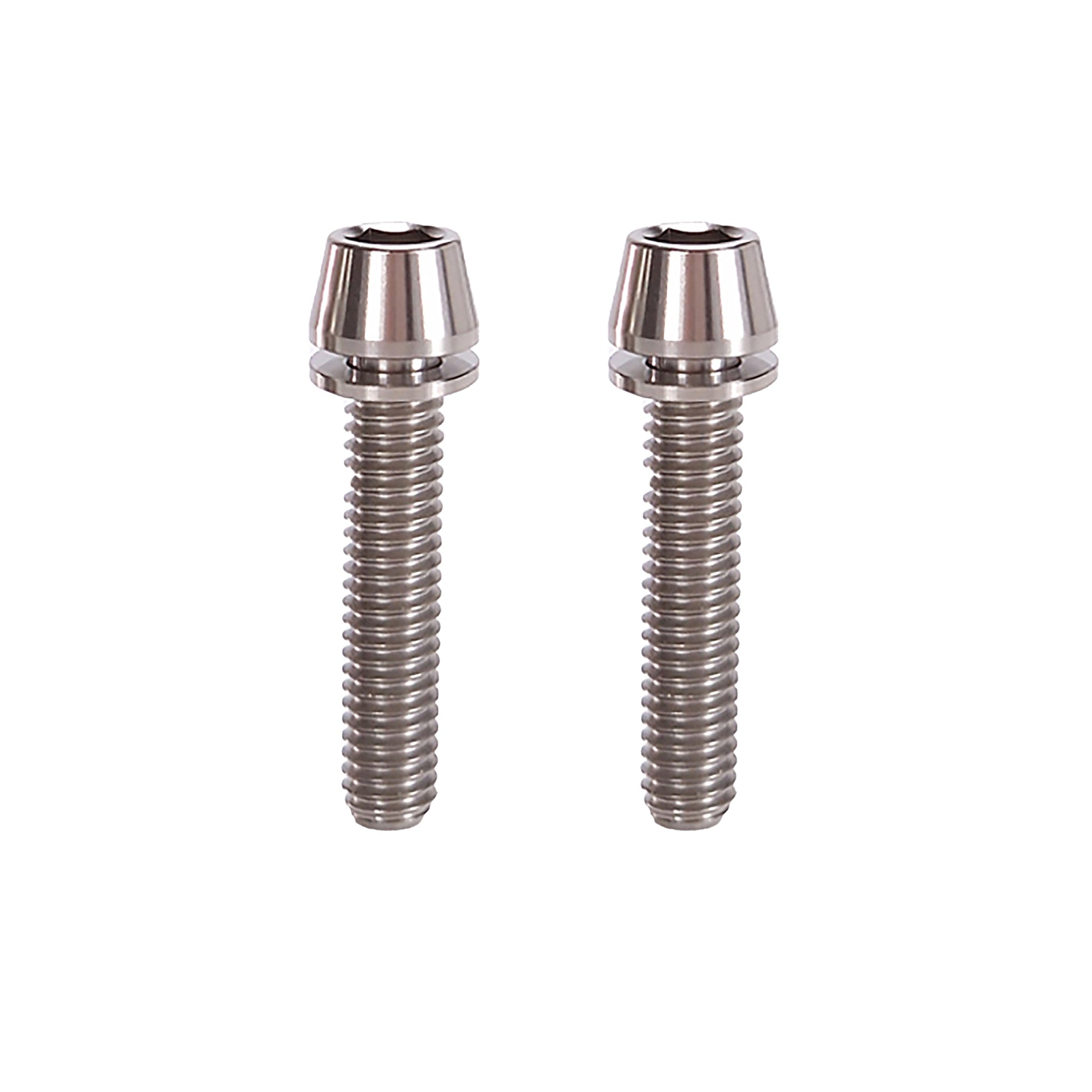 2 raw m6x28mm taperhead titanium bolts on a white background