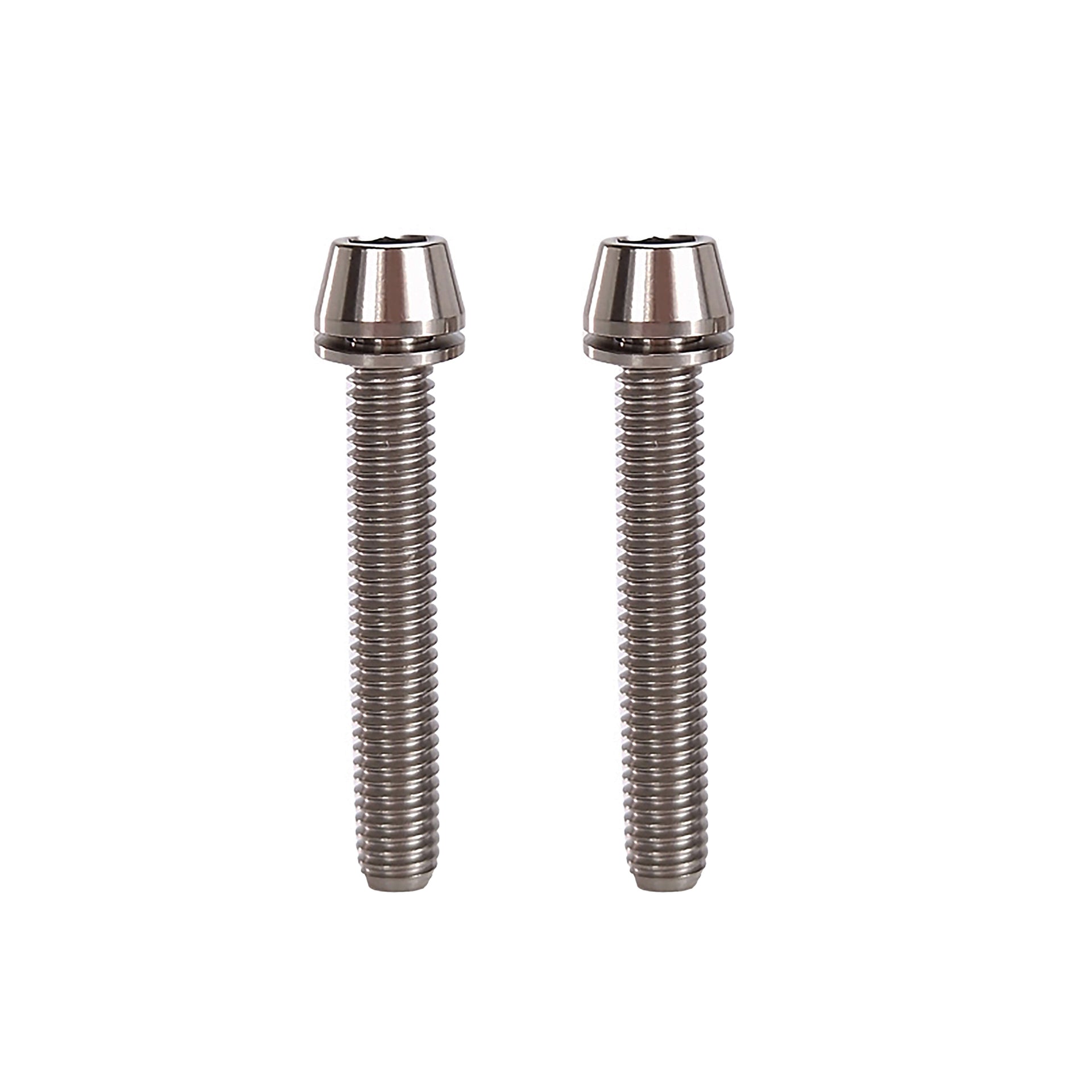 2 raw m6x38mm taperhead  titanium bolts on a white background