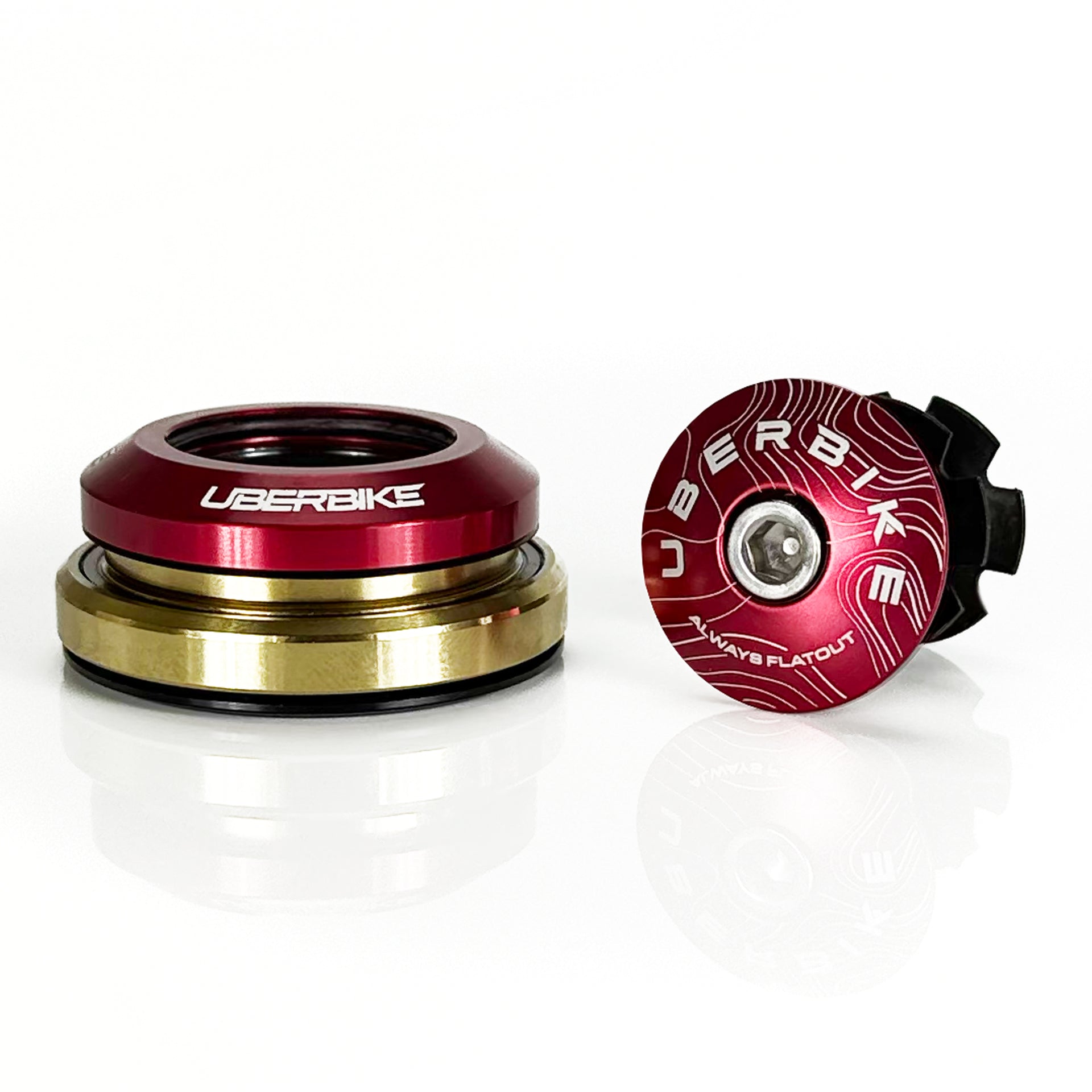 Red integrated headset with Uberbike branding on a white background